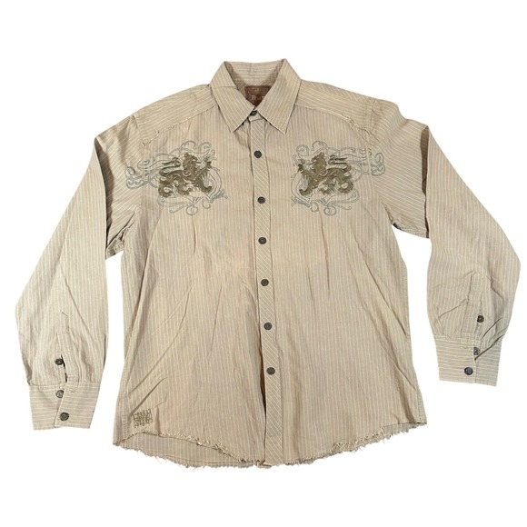 Roar Other - Roar Men XL Tan Pinstripe Embroidered Lion Long Sleeve Button Down Shirt Western